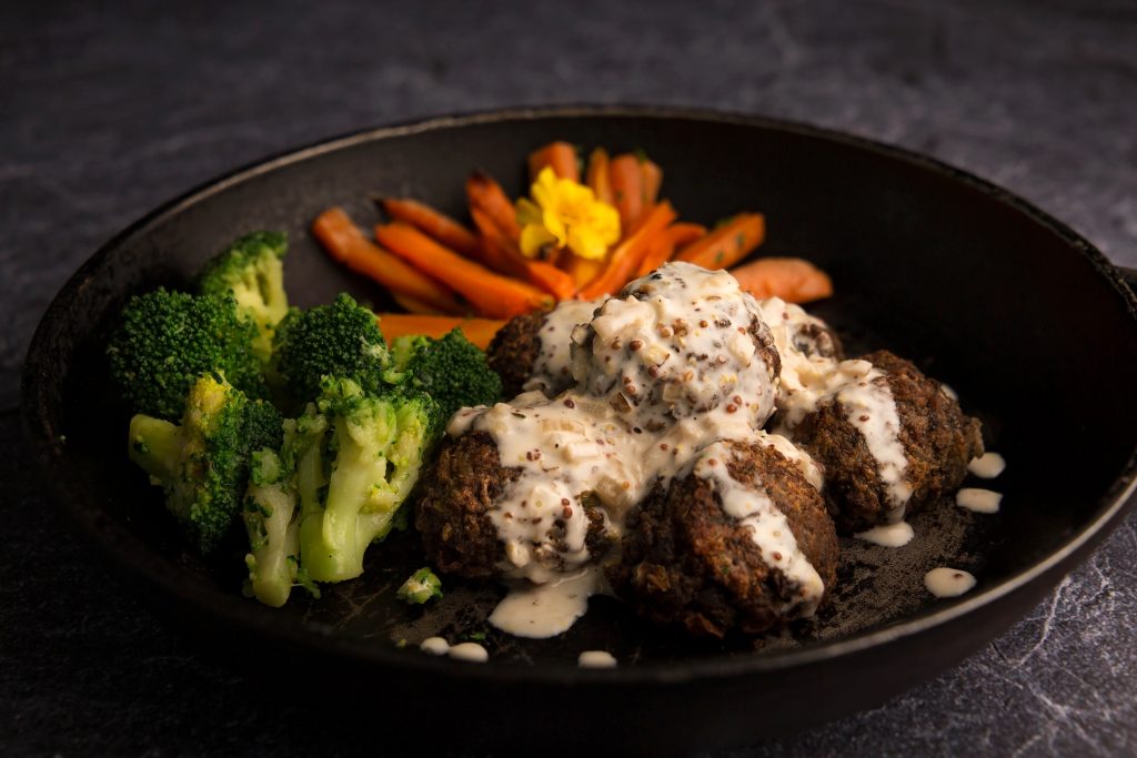 Mushroom & Butter Bean Balls With Twice Roasted Carrots &Broccoli