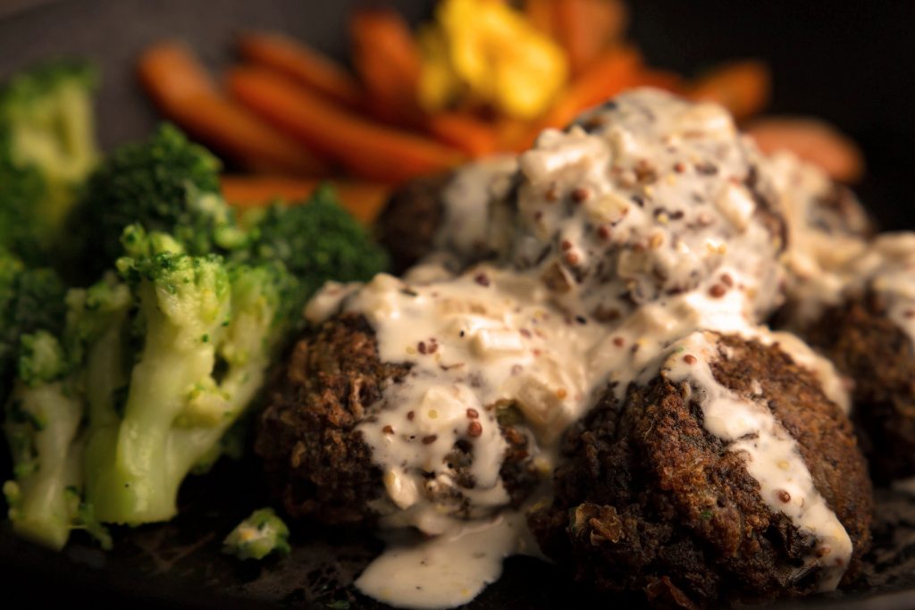 Mushroom & Butter Bean Balls With Twice Roasted Carrots &
Broccoli