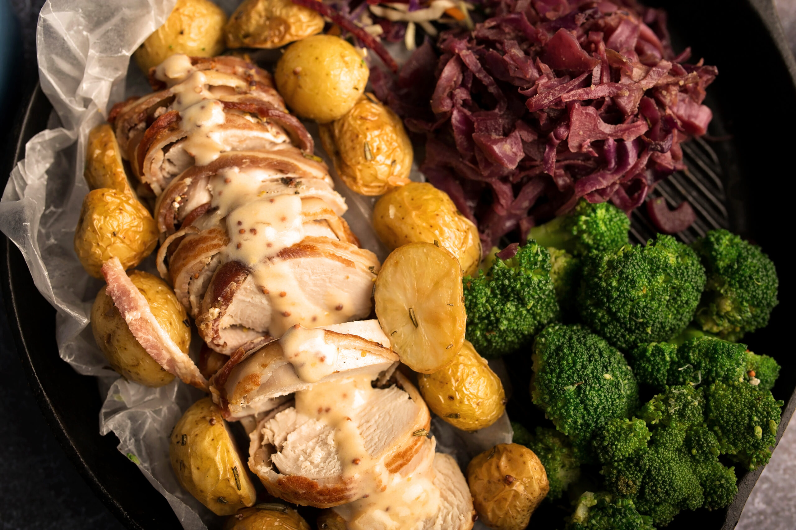Bacon Wrapped Pork Fillet (Or Chicken) With Braised Red Cabbage Recipe