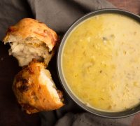 Creamy Potato & Burnt Leek Soup With Cheesy Bacon Buns