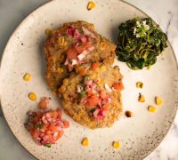 Corn & Chickpea Fritters With Tomato Salsa & Baby Spinach