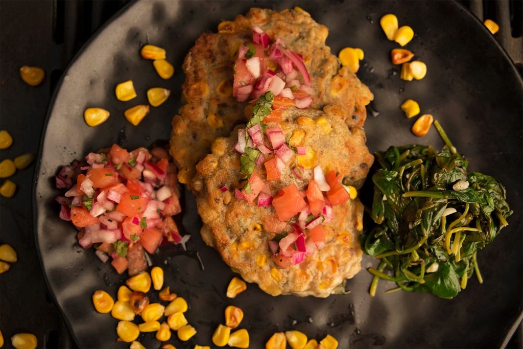 Corn & Chickpea Fritters With Tomato Salsa & Baby Spinach