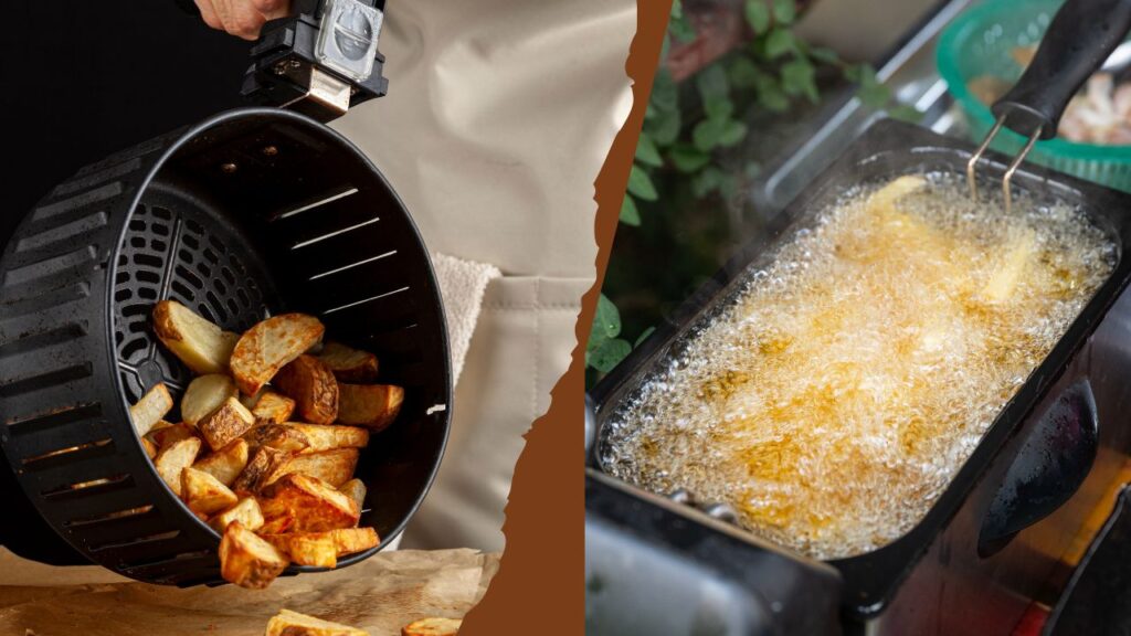 air fryer basket sid-by-side with a deep fat fryer bubbling away
