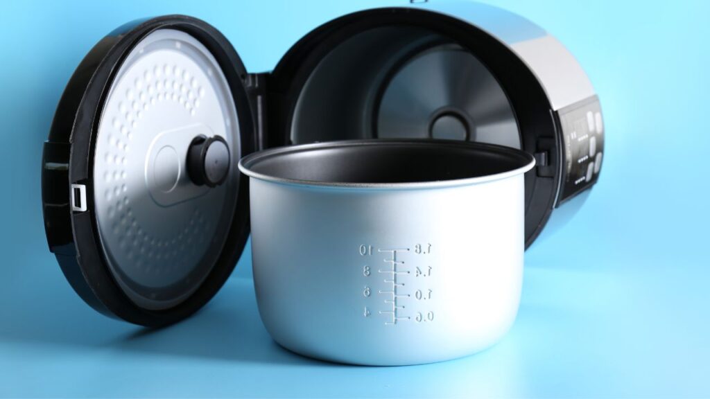 multi-cooker lying on its side with the bowl removed